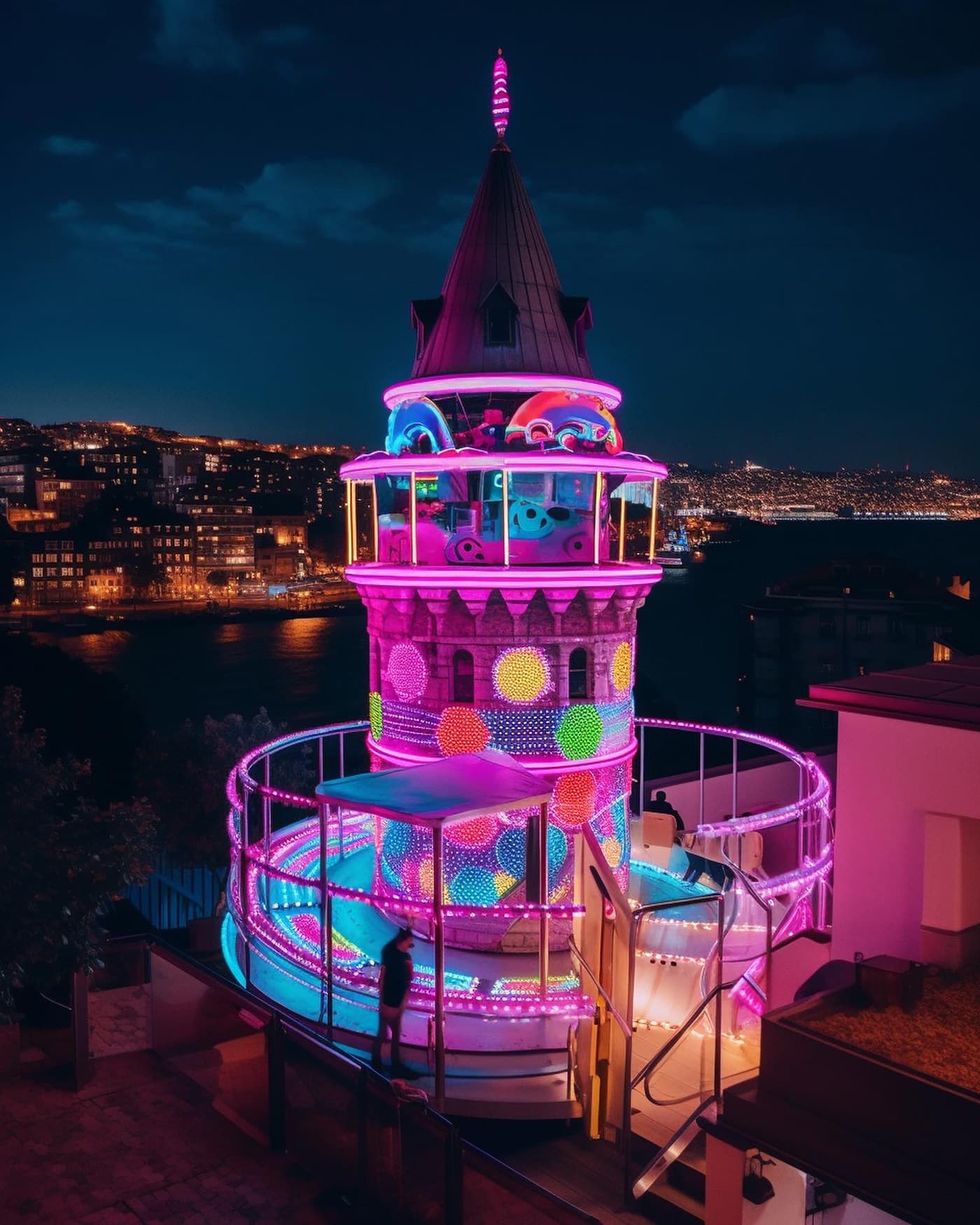 Galata Tower at dusk, wrapped in a spiral of neon light in pink, orange and green above the Istanbul rooftops.