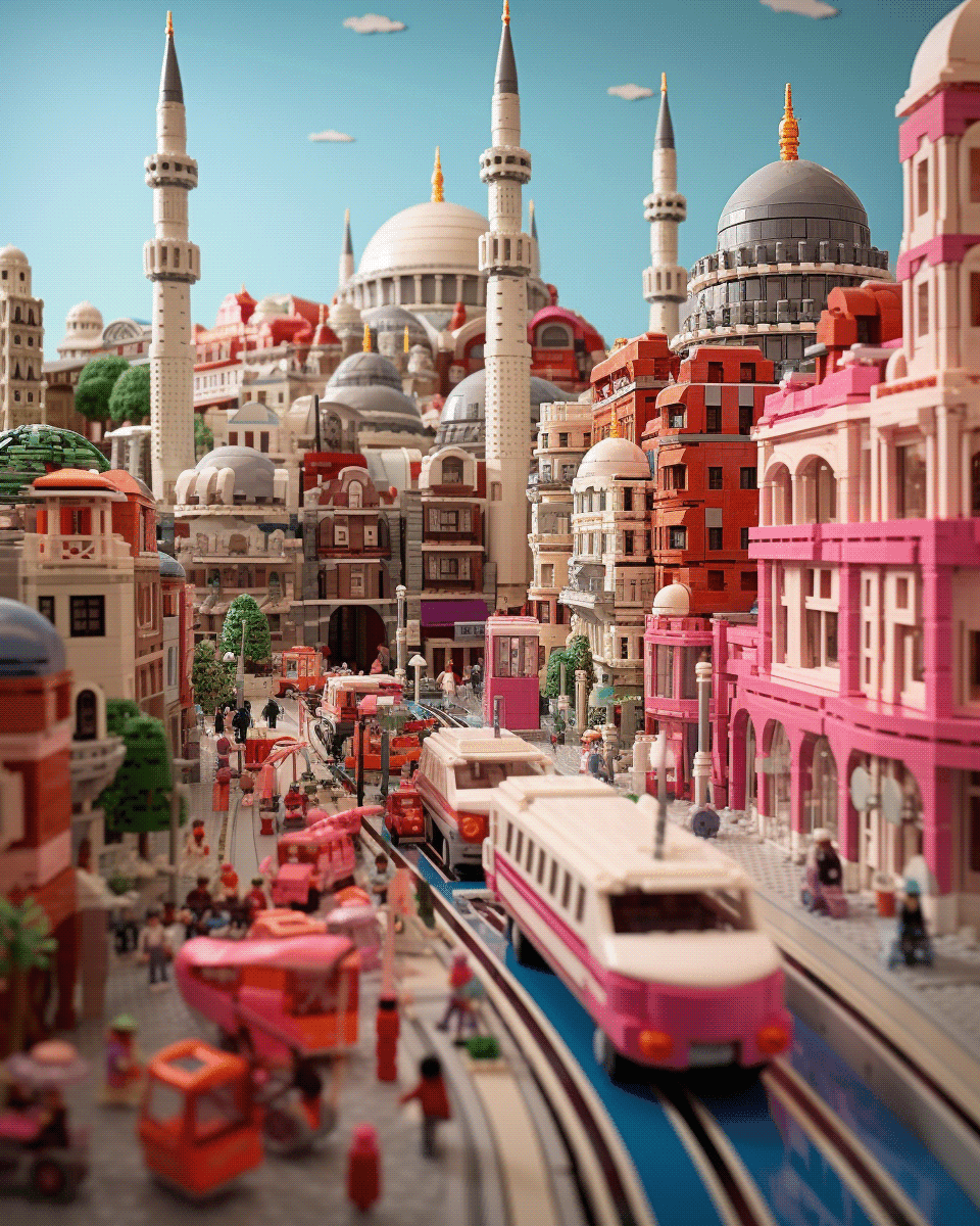 Istanbul rebuilt as a toy-brick city — domes, minarets and pink and cream apartment blocks around a pink tram on rails.