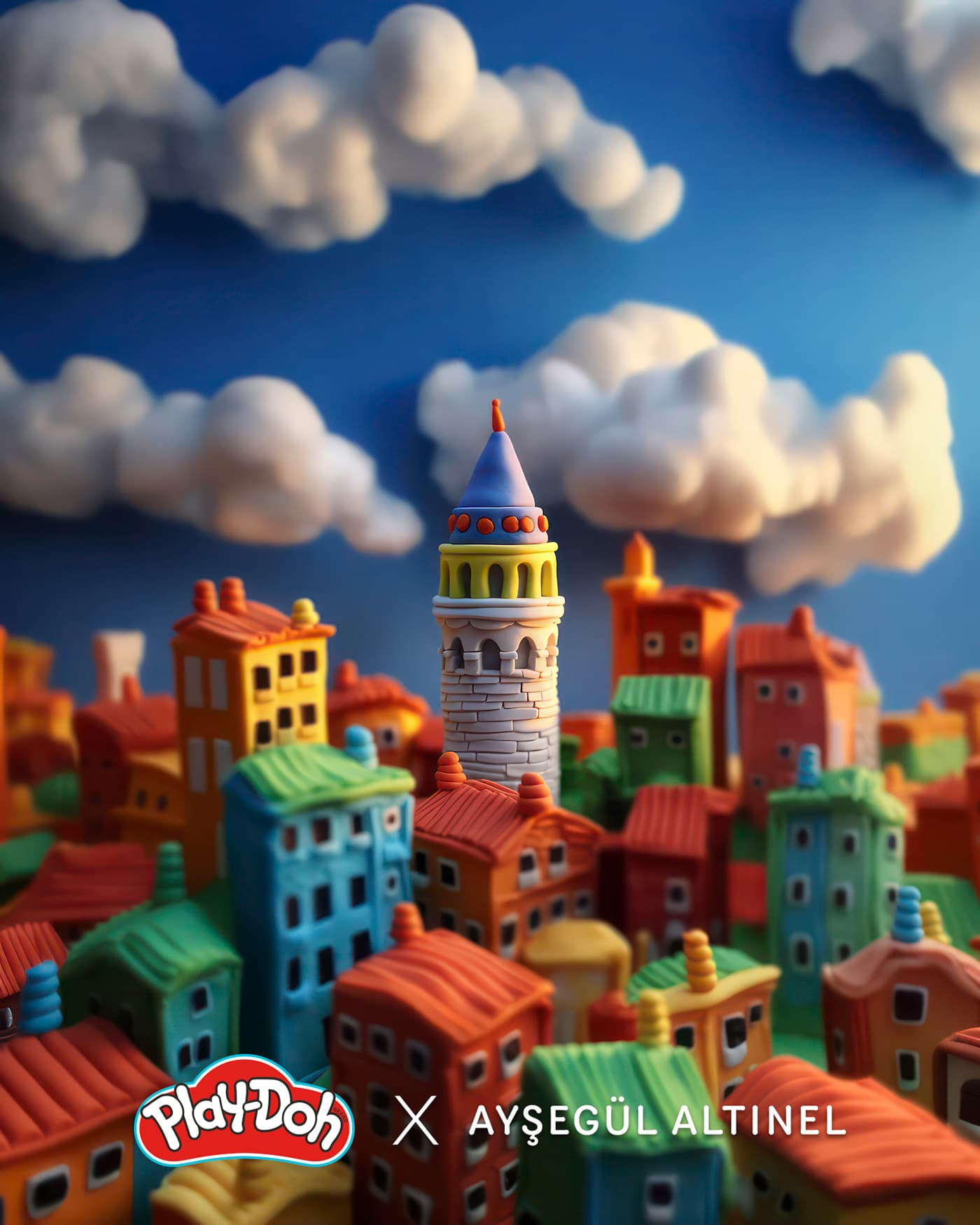 Galata Tower and Istanbul rooftops sculpted from colourful Play-Doh modelling clay, under a blue sky with clay clouds.